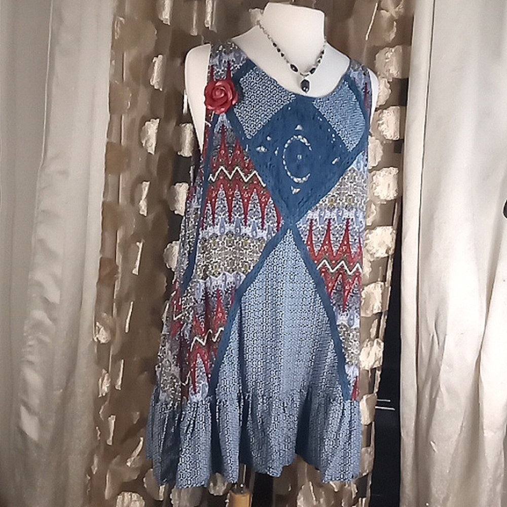Blue and Red Patterned Women's Dress